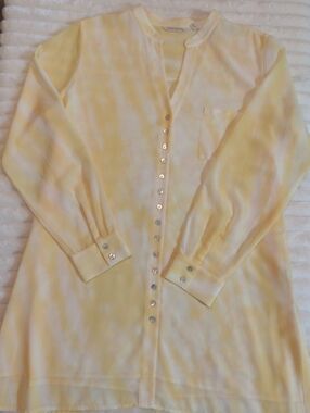 Soft Surroundings Tunic Shirt Womens L Button Front Yellow White Lined Sheer Slv